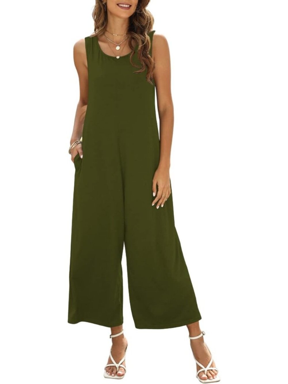Women's Jumpsuit Army Green Crewneck Loose Sleeveless Outfit With Pockets Romper